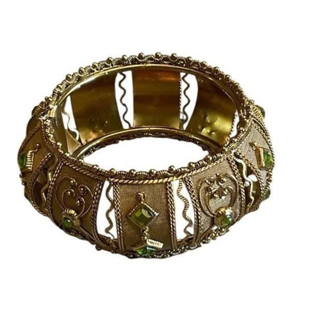 Vintage Gold Mesh Bangle Bracelet Hinged Wide Cuff with Green Rhinestones